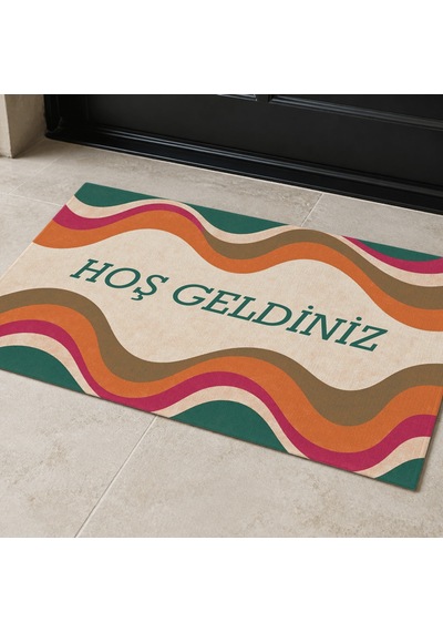 Kartela Halı Hoş Geldiniz Yazılı Retro Dalga Kapı Paspası Retro Canlı Kaymaz Kauçuk Taban 60x90 Cm