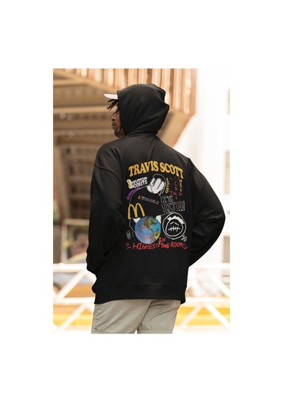 Macklin Unisex Kadın Erkek Travis Scott Highest Ön Arka Baskılı Özel Tasarım Baskılı Kapşonlu Sweatshirt Siyah Mck1517 Siyah