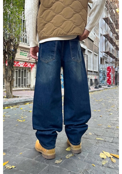 Flaw Eskitme Model Çizgili Baggy Jean Lacivert Lacivert