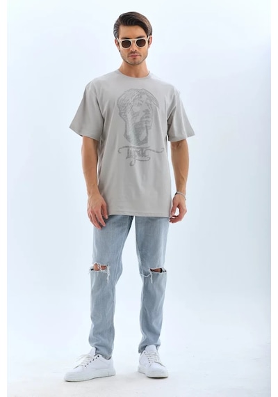 Veraura Lifestyle Unisex Oversize Taşlı Bisiklet Yaka T-shirt - Gri