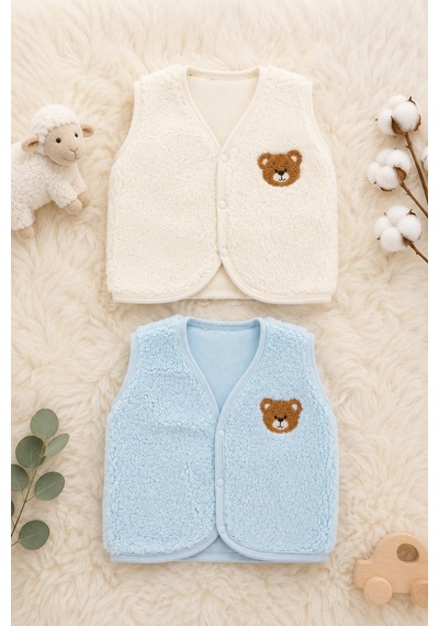 Beniizle Ayıcık Nakışlı Çıtçıtlı Welsoft Unisex 2'li Bebek Yelek Beyaz