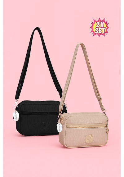 Westbag Kadın Çapraz Askılı Üç Gözlü Fermuarlı Krinkıl Günlük Omuz Çantası 2'li Set Bej - Siyah