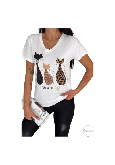 Cassime Kadın Beyaz V Yaka Kedi Leopar Pul Payet İşlemeli %100 Pamuk Tişört Büyük Beden Xl-2xl-3xl Cassime Kadın Beyaz V Yaka Kedi Leopar Pul Payet İşlemeli %100 Pamuk Tişört Büyük Beden Xl-2xl-3xl