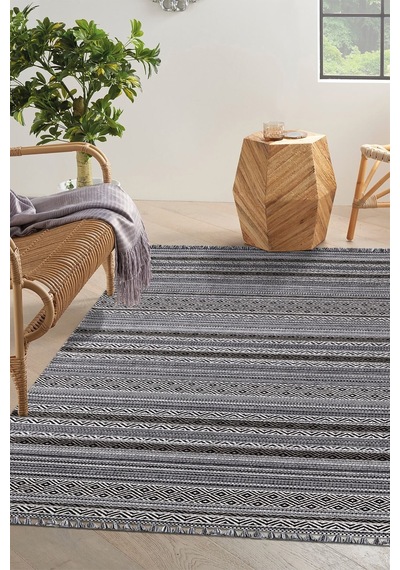 Siyah Renkli Kaymaz Tabanlı Yıkanabilir Makine Dokuma Kilim-326