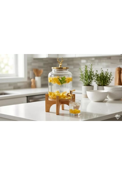 Mey İthalat Geyik Figürlü Gold Lüks Cam İçecek Sebili - 3.6 Litre Bambu Standlı Meyve Suyu Kovası