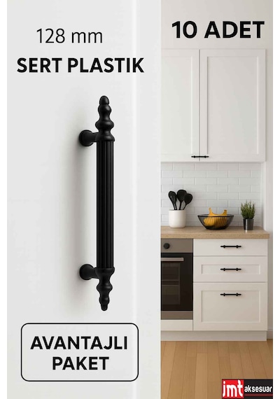 Sert Plastik 128 Mm Siyak Mobilya Mutfak Dolabı Komidin Tv Ünütesi Dolap Kulpları 10 Ad Siyah