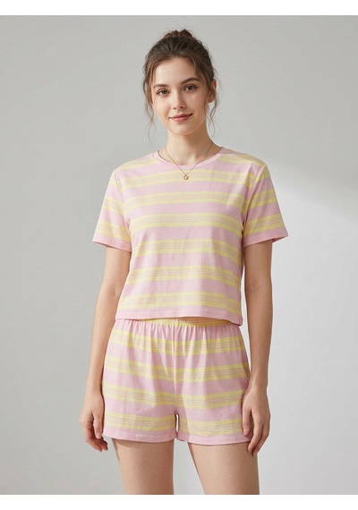 Pembe Sarı Çizgili T-shirt Şort Örme Pijama Takımı Pembe