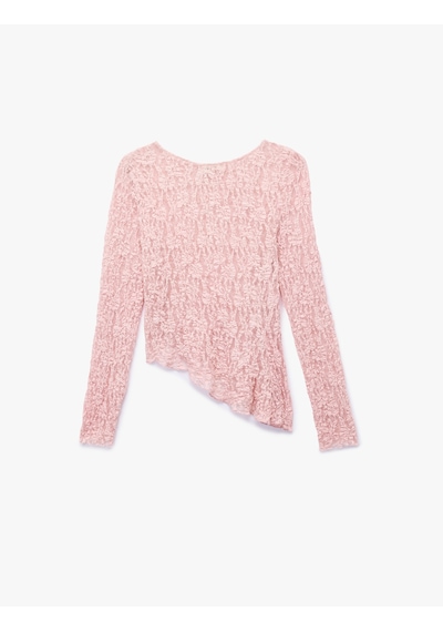 Koton Koton X Sibil Çetinkaya - Kayık Yuvarlak Yaka Uzun Kollu Asimetrik Transparan Dantelli Bluz Pembe 6wak80107pk Gül