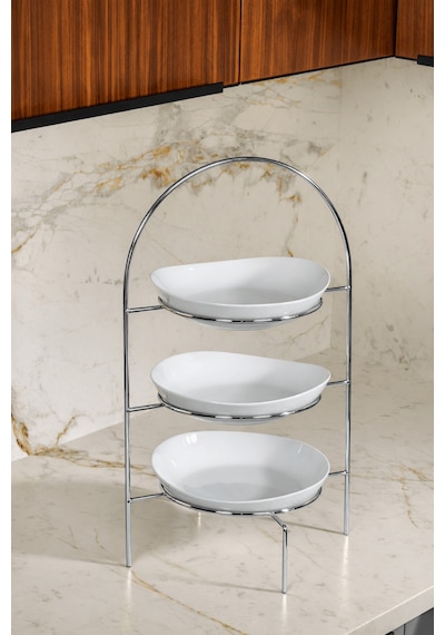 Parlak Silver 3 Katlı Pasta Kurabiye İkramlık Sunum Standı Dekoratif Servislik Gümüş