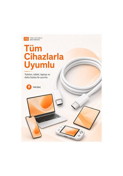 60w Destekli iPhone Samsung Xiaomi Oppo Uyumlu Hızlı Şarj - Şarj Kablosu - Type C To Type C - Hasır Örgü - 1 Mt