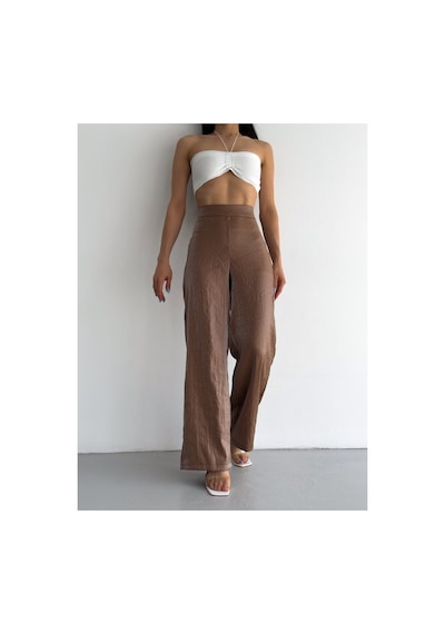 Winmoda34 Kadın Saten Pantolon Bol Paça Taba