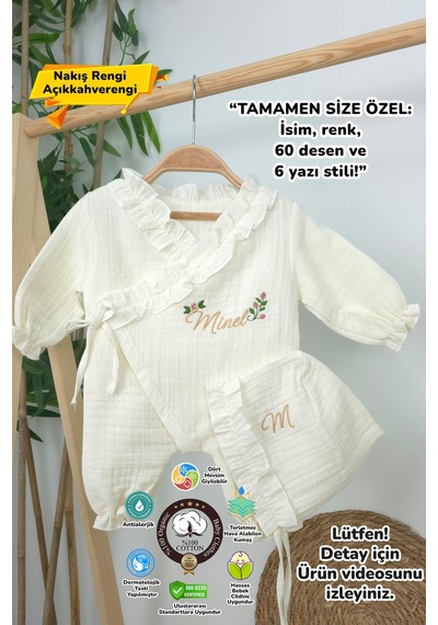 Gros Shop Müslin Yeni Doğan 4katlı Organik %100pamuk Kişiye Özgü Nakışlı Hastane Çıkış Seti Güllü Model-4 Ekru-3
