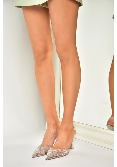 Fox Shoes U614277609 Gümüş İnci Detaylı Topuklu Ayakkabı Gümüş