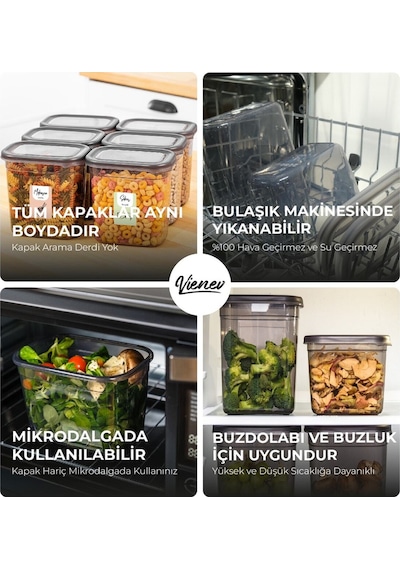 Vienev Peggy Renkli Etiketli Dikdörtgen Saklama Kabı Antrasit 4x 1.3 L + 2 L + 3.2 L 12'li Antrasit