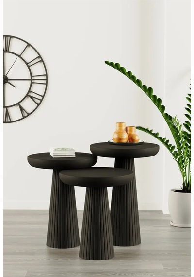 Wooden Siyah Ahşap 3 Lü Set Fitilli Mantar Yan Sehpa Modern Siyah Renk Fiskos Siyah