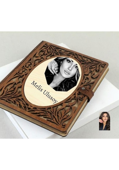 Kişiye Özel Karakalem Fotoğraflı Ahşap Desenli Akordiyon Defter