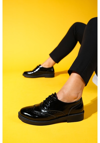 Luvishoes Avra Siyah Rugan Hakiki Deri Kadın Oxford Ayakkabı Siyah-Rugan