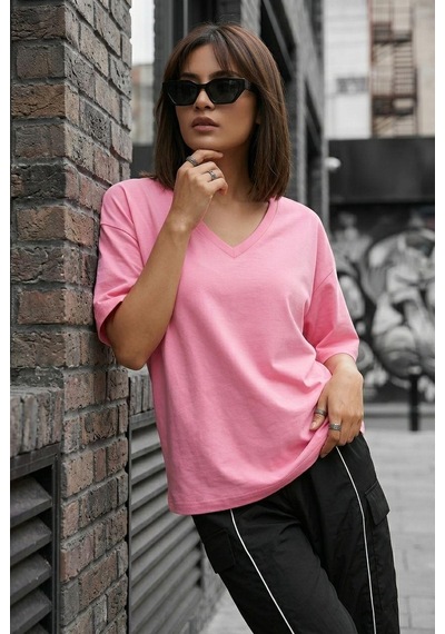Zey Oversize V Yaka Basic Kadın Tişört - Düşük Omuzlu Salaş Kesim Pembe