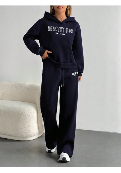 Macklin Unisex Kadın Erkek Healty For Baskılı Oversize 3 İplik Kapüşonlu Sweatshirt Ve Baggy Eşofman Altı Lacivert