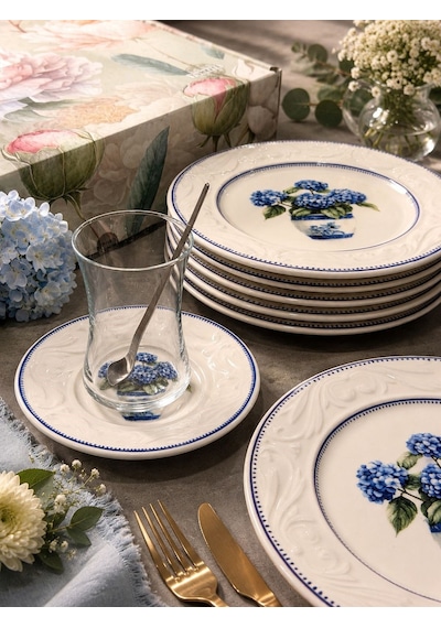 24 Parça Vintage Hydrangea Pasta Çay Takımı Seti -6104 Mavi