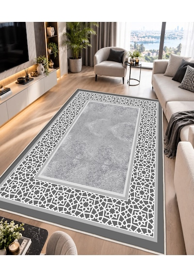 Gri Krem Dijital Baskı Halı Kaymaz Tabanlı Yıkanabilir Halı Yolluk Salon Halısı2159
