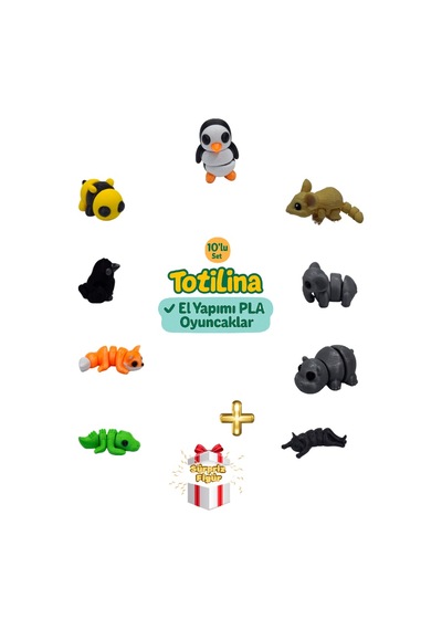 10'lu Set Penguen Fare Fil Hipopotam Kedi Timsah Tilki Karga Arı