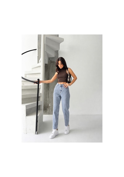 Kene Jeans Buz Kar Paça Kesik Taşlı Mom Denim Pantolon Buz Kar