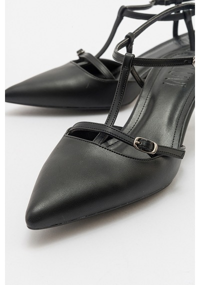 Luvishoes Frans Siyah Cilt Kadın Sivri Burun Arkası Açık Kısa Topuklu Ayakkabı Sıyah Cılt