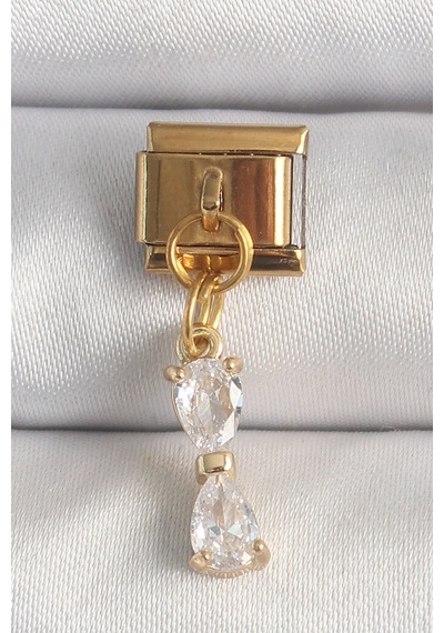 316l Çelik Gold Renk Sallantı Zirkon Taşlı Kurdele Model Nomination Charm Altın
