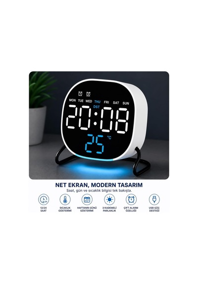 Led Dijital Masa Saati Mavi Derece Çift Alarm Sıcaklık Göstergesi 3 Kademe Parlaklık Modern Saat Diğer