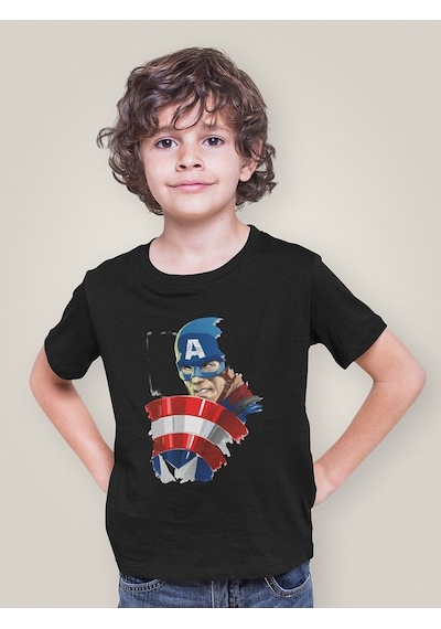 Sevbano Unisex Tasarım Kaptan Amerika Baskılı Avengers Film Çocuk Tişört Siyah
