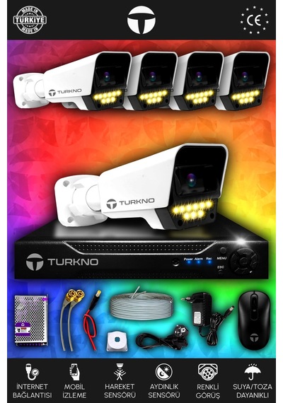Turkno 5 Kameralı Supia 5 Dış Kamera Set HDD'siz 5 MP 2K Net Renkli Gece Görüşlü Güvenlik Kamerası Sistemi