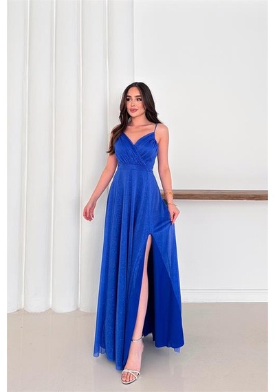 Neşeli Butik Kadın Ayarlanabilir Askılı Yırtmaçlı Tül Abiye Elbise Rys9276 Mavi