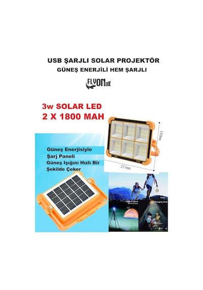 Şarjlı Hem Güneş Enerjli Solar Projektör 4000 Lümel 5 Işık Modlu Lamba Fener Solar Panel Portatif