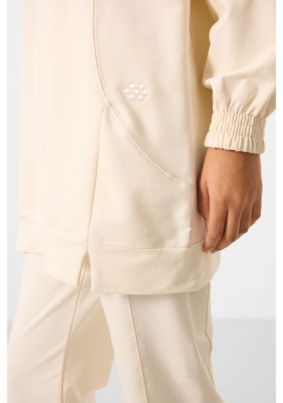 Ekru O Yaka Basic Oversize Kadın Eşofman Tunik Takım - 95347 Ekru