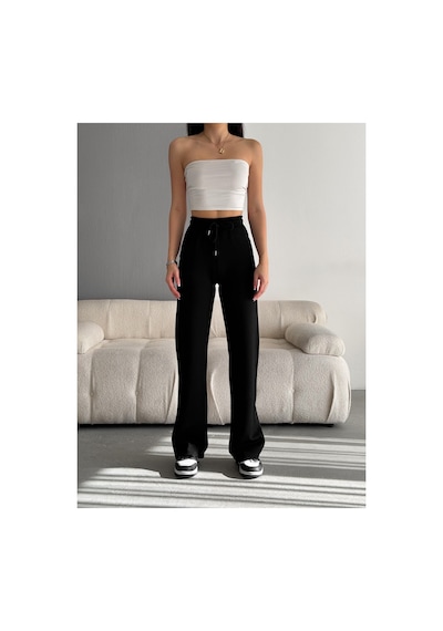 Winmoda34 Kadın Trend Bol Paça Modal Kumaş Eşofman Altı Çift Cepli Wide Leg Siyah