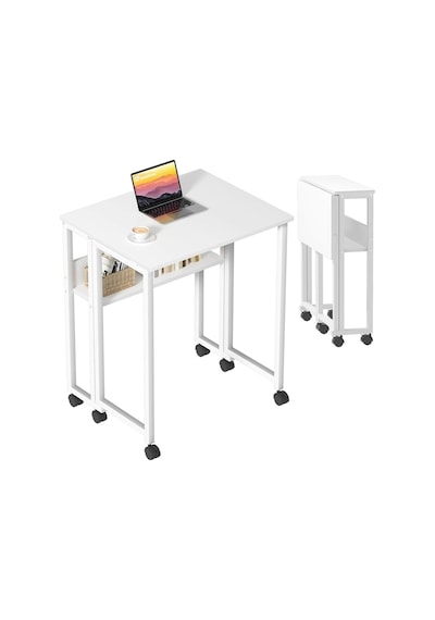 Sidney Kitaplık Raflı Katlanır Masa 70 Cm Tekerli Bilgisayar Masası Laptop Masası Beyaz Beyaz - Beyaz