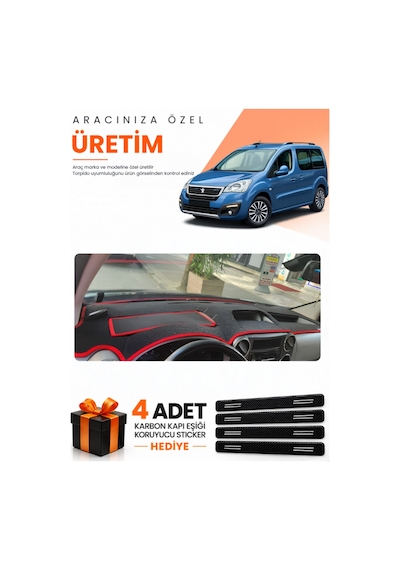 Peugeot Partner Ekranlı Kapaklı 2008-2017 Uyumlu Torpido Koruma Örtüsü Oto Kılıfı - Siyah Kırmızı