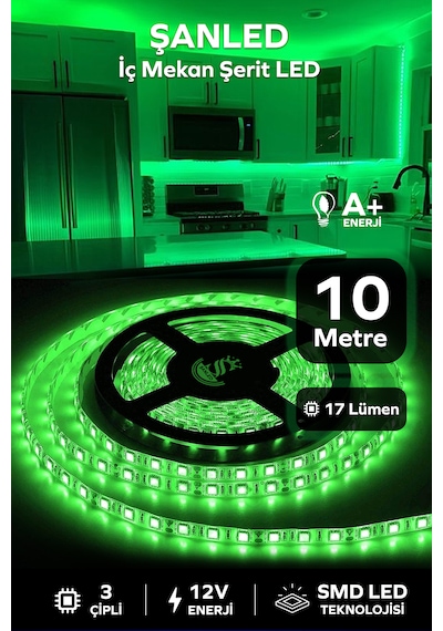 3 Çipli Şerit Led Yeşil Renk 12v 10 Metre