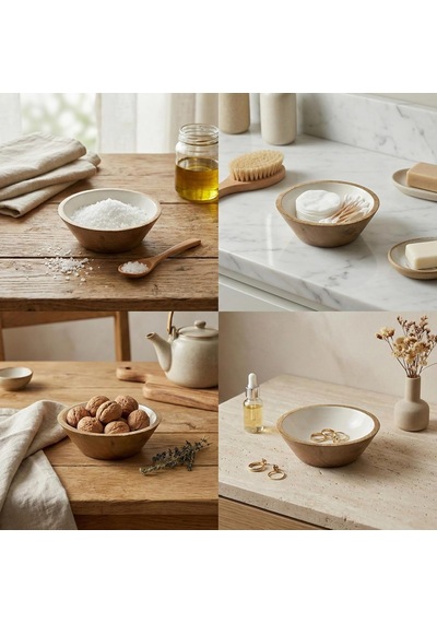 Deconox Mango Ağacı Kase - İçi Krem Emaye Enamel Kaplama 13 Cm Dekoratif Ahşap Sunum Kasesi - Leke Tutmaz Sosluk,