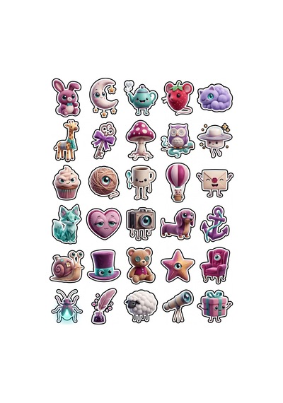 30 Adet Sürreal Peluş Hayal Dünyası Sticker Seti - Laptop Defter Ajanda İçin Çok Renkli