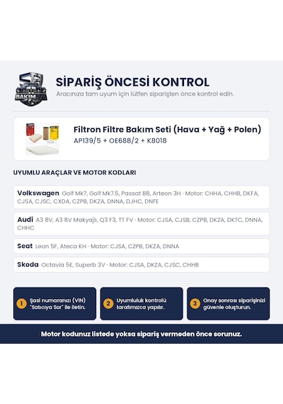 Filtron Filtre Bakım Seti Hava+yağ+polen - Golf 7 / Passat B8 / Octavia 3 1.8-2.0 Tsı