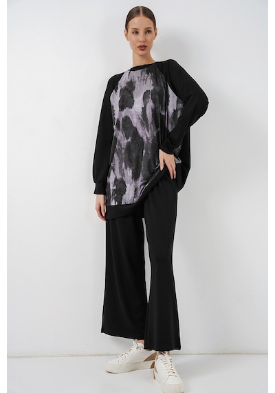 Bigdart Kadın Desenli Oversize Tunik Pantolon İkili Takım 55462 - Siyah