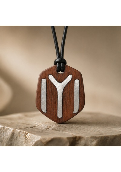 Kayı Boyu İyi Sembol Çift Taraflı Ahşap Metal Döküm Kolye - Unisex 011 - Kahverengi