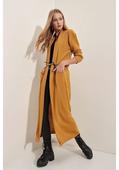 Onno Style Women Standart Beden Uzun Triko Fitilli Kadın Ceket Turuncu