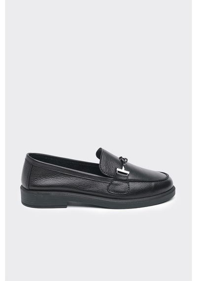 Derinet Tokalı Hakiki Deri Kadın Loafer Siyah Siyah