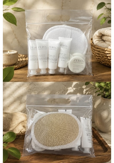 Zero/o Seyahat Bakım Seti Şeffaf Kilitli Poşetli 7 Parça Şampuan + Duş Jeli 40ml + Yüz Sabunu 28gr + Oval Kabak Lif