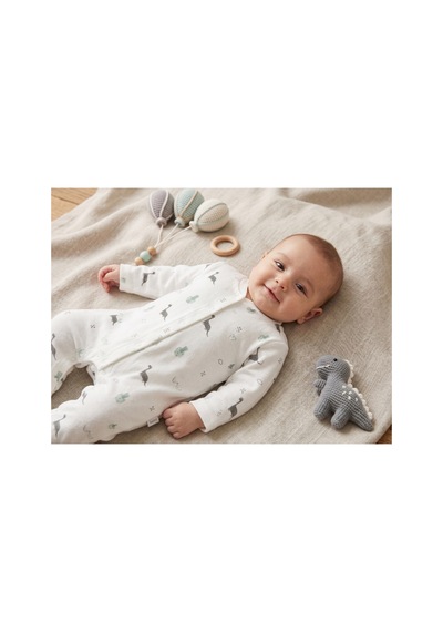 Deniva Kids Erkek Bebek %100 Pamuk Dinozor Baskılı Boydan Çıtçıtlı Patiksiz Uzun Kollu Tulum Beyaz