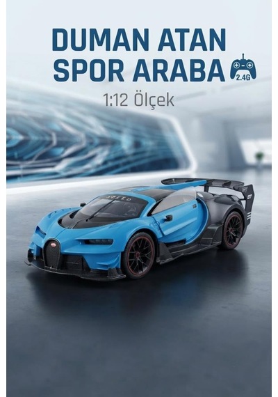1:12 Ölçek 8 Fonksiyonlu Bugetti Chiron Tasarımlı Duman Efektli Uzaktan Kumandalı Yarış Arabası Mavi