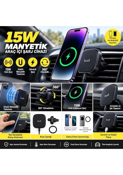 İphone 11 Uyumlu 15w Manyetik Kablosuz Şarjlı Araç İçi Telefon Tutucu 360 Döner Havalandırma Aparatı